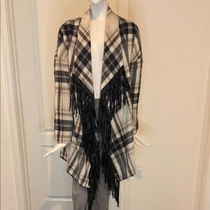 Plaid Fringe Open Front Jacket